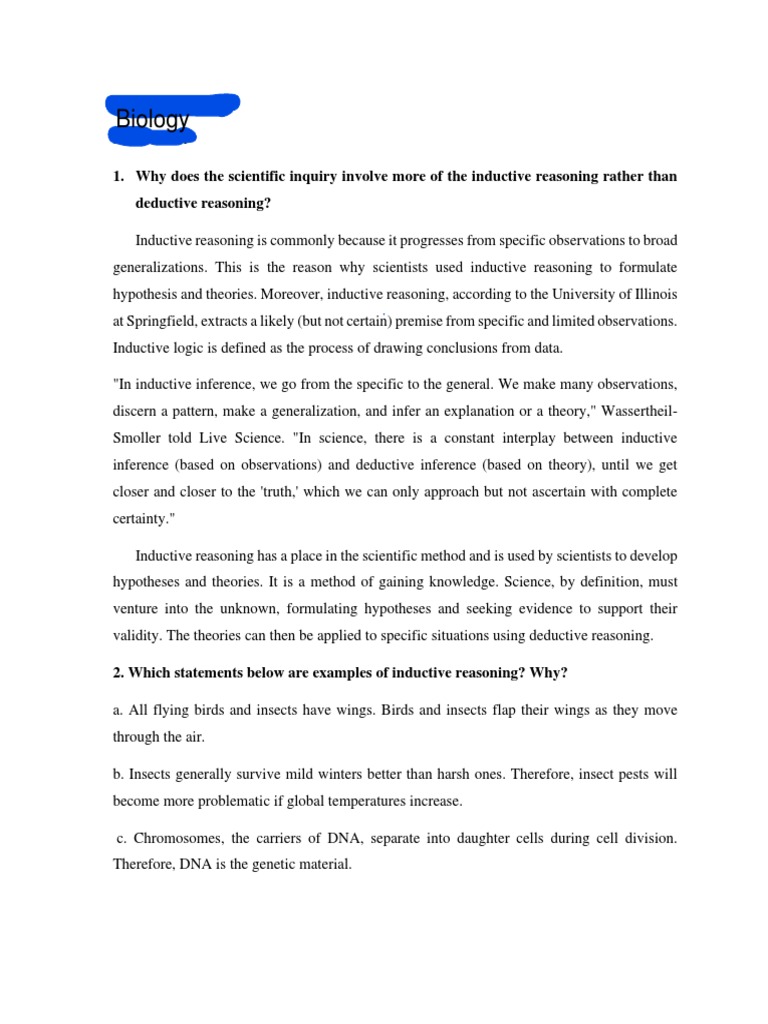 Biology PDF Inductive Reasoning Scientific Method