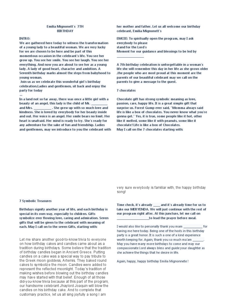 7th Birthday Program for Emilia Mignonett | PDF | Birthdays