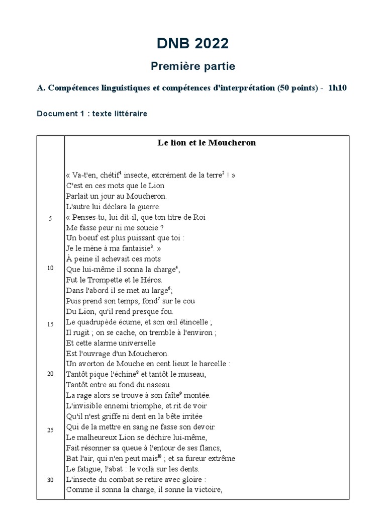 Le Lion Et Le Moucheron Brevet Corrigé Sujet DNB 2022 (Première Partie) | PDF | Fable | Phrase