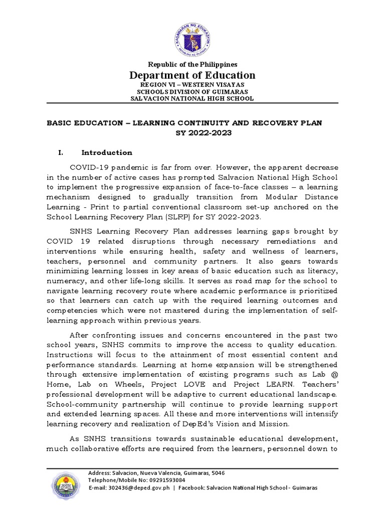 Salvacion National High School Recovery Plan | PDF | Learning | Teachers