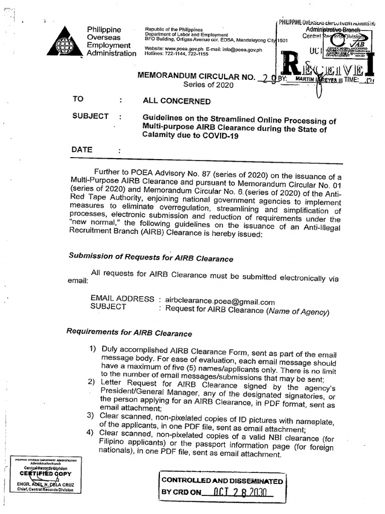 POEA Memorandum Circular No 29 Series of 2020 PDF