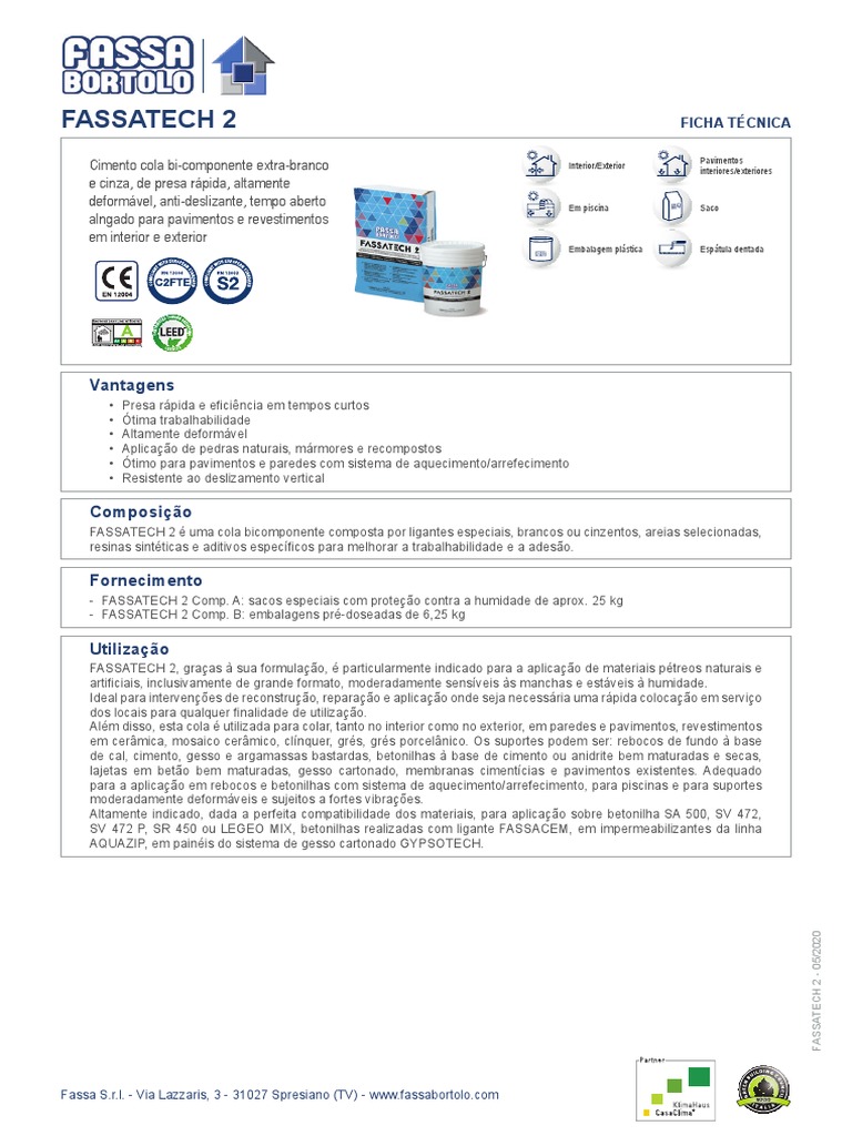 Ficha Técnica - Cimento Cola - Fassa Fassatech 2 | PDF | Cimento | Massa