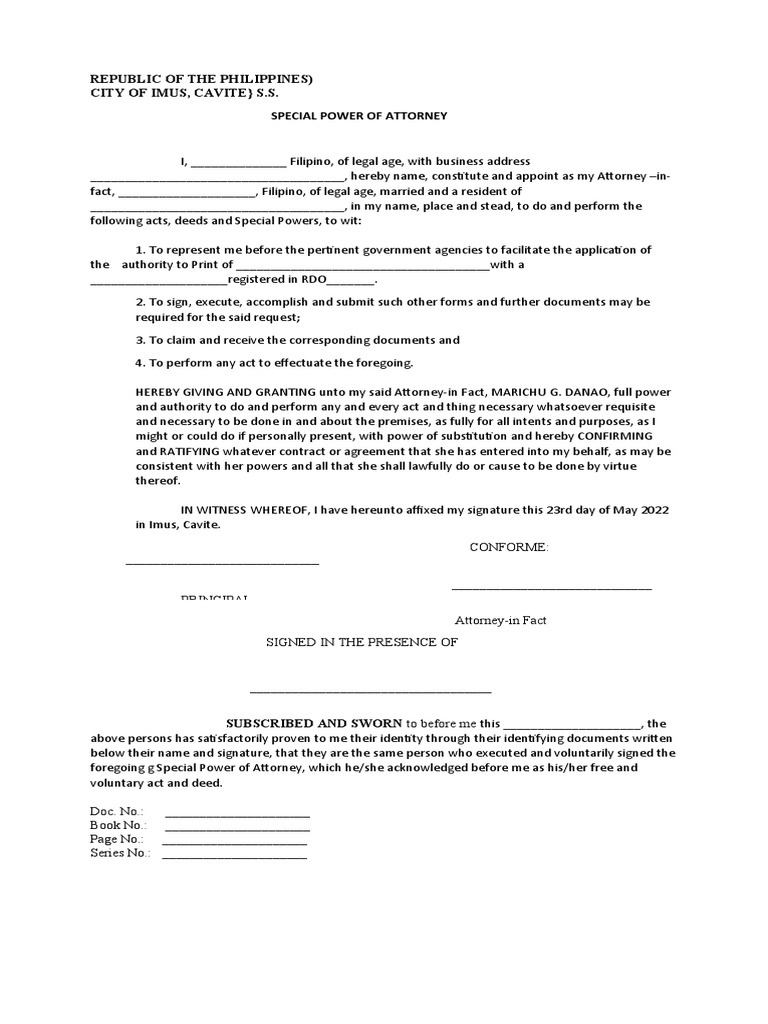 Sample special power of attorney for authority to print bir pdf