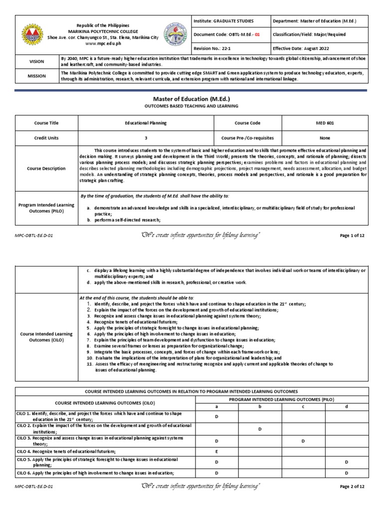 OBTL in Educational Planning PDF Curriculum Strategic Planning