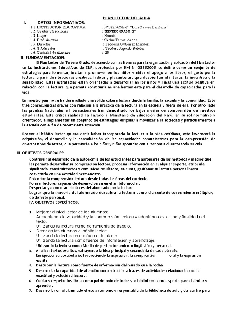 Plan Lector para Tercer Grado | PDF | Comprensión lectora | Aprendizaje