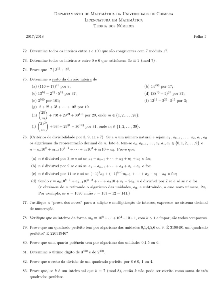 Teoria dos n meros exerc cios de congru ncias e teoremas de euler e