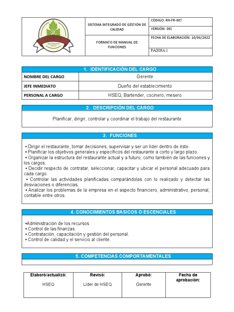 RH-FR-005 Manual de Funciones Gerente | PDF | Contabilidad | Liderazgo