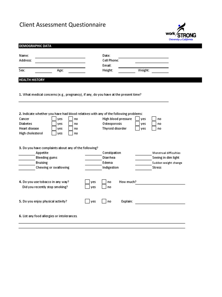 Client Assessment Questionnaire | PDF | Foods | Diet & Nutrition