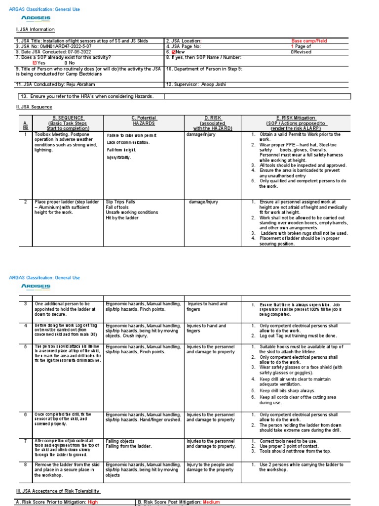 JSA for Installing Light Sensors | PDF | Safety | Workplace