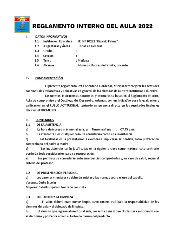 Reglamento Interno del Aula 2022 | PDF | Salón de clases | Maestros