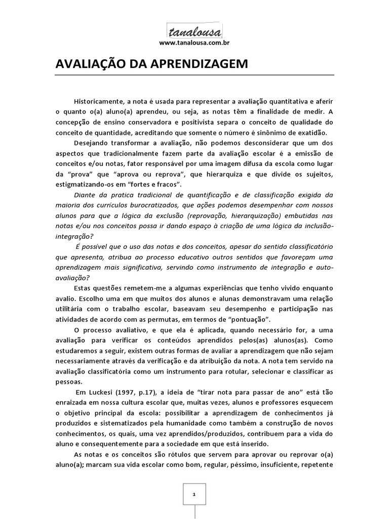 Avaliação da Aprendizagem e Inclusão | PDF | Aprendizado | Pedagogia