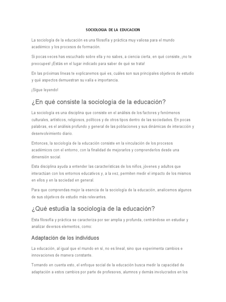 Sociologia de La Educacion | PDF | Sociología | Aprendizaje