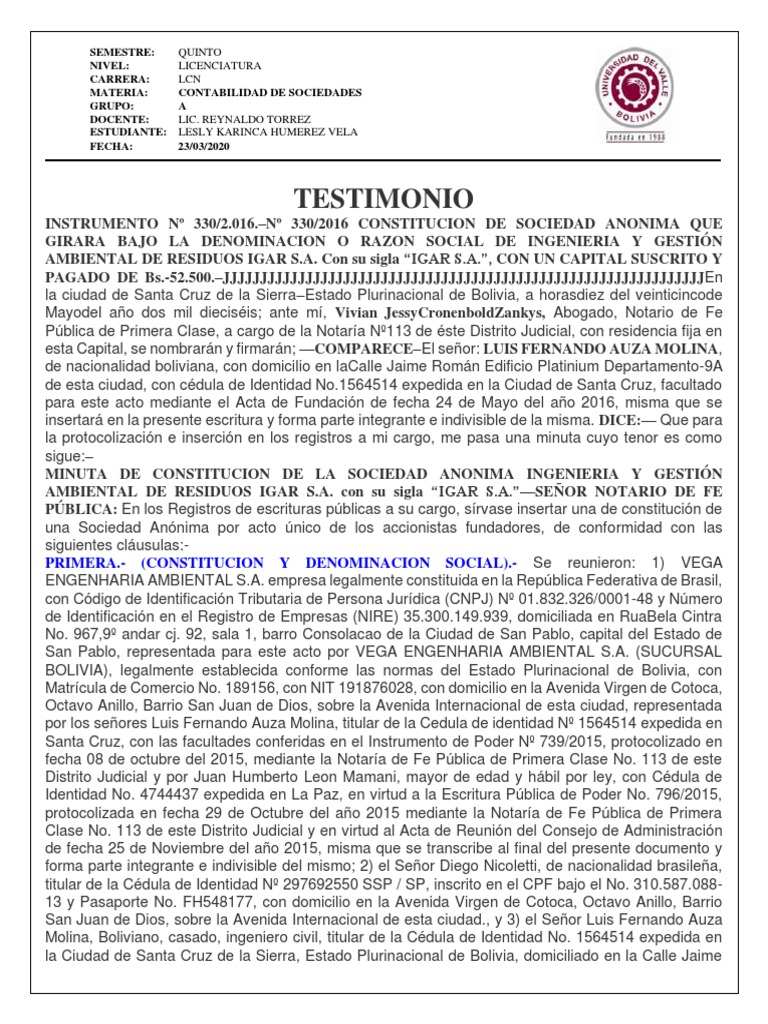 Testimonio de Constitucion de Una Sociedad Anonima | PDF | Bolivia