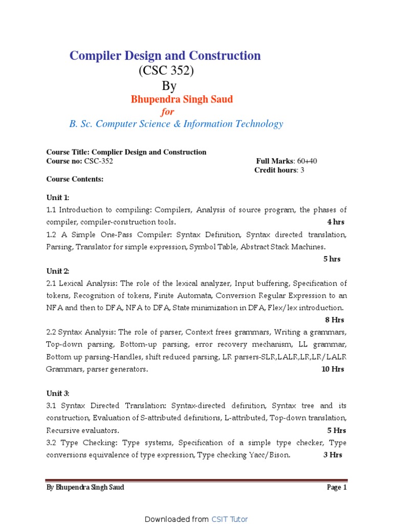 Compiler Design and Construction Note PDF Parsing Compiler