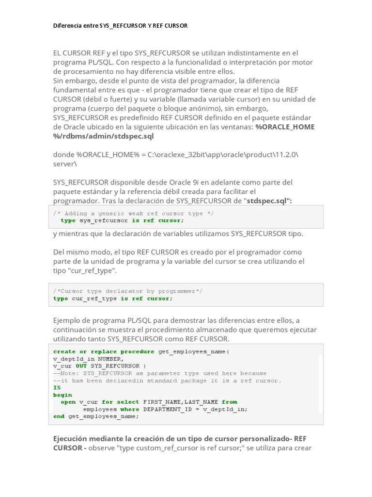 Diferencia Entre SYS REFCURSOR Y REF CURSOR Download Free PDF Pl