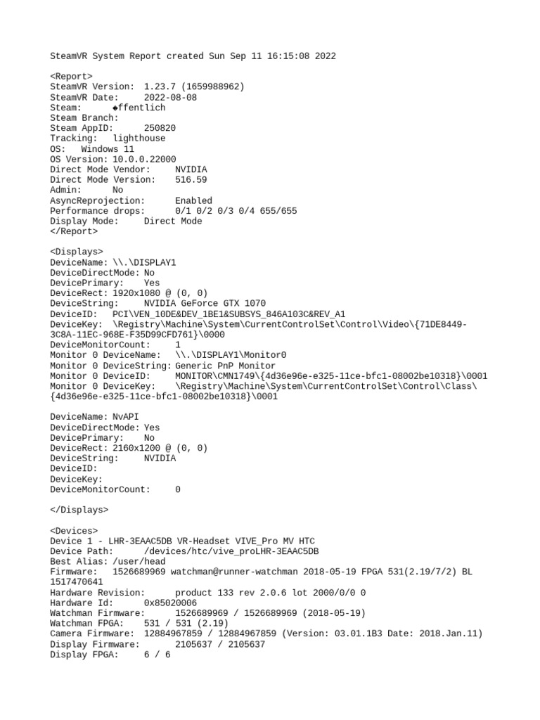 SteamVR System Report Device Information and Configuration Settings