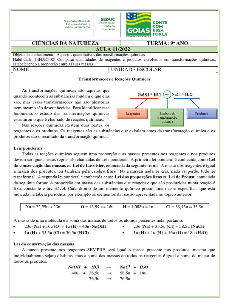 Aula 11 - 9º CN - Aspectos Quantitativos Das Transformações Químicas ...