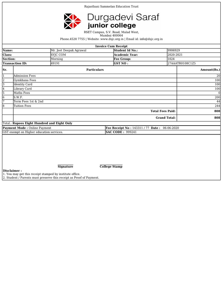 Fee Receipt 690612 | PDF