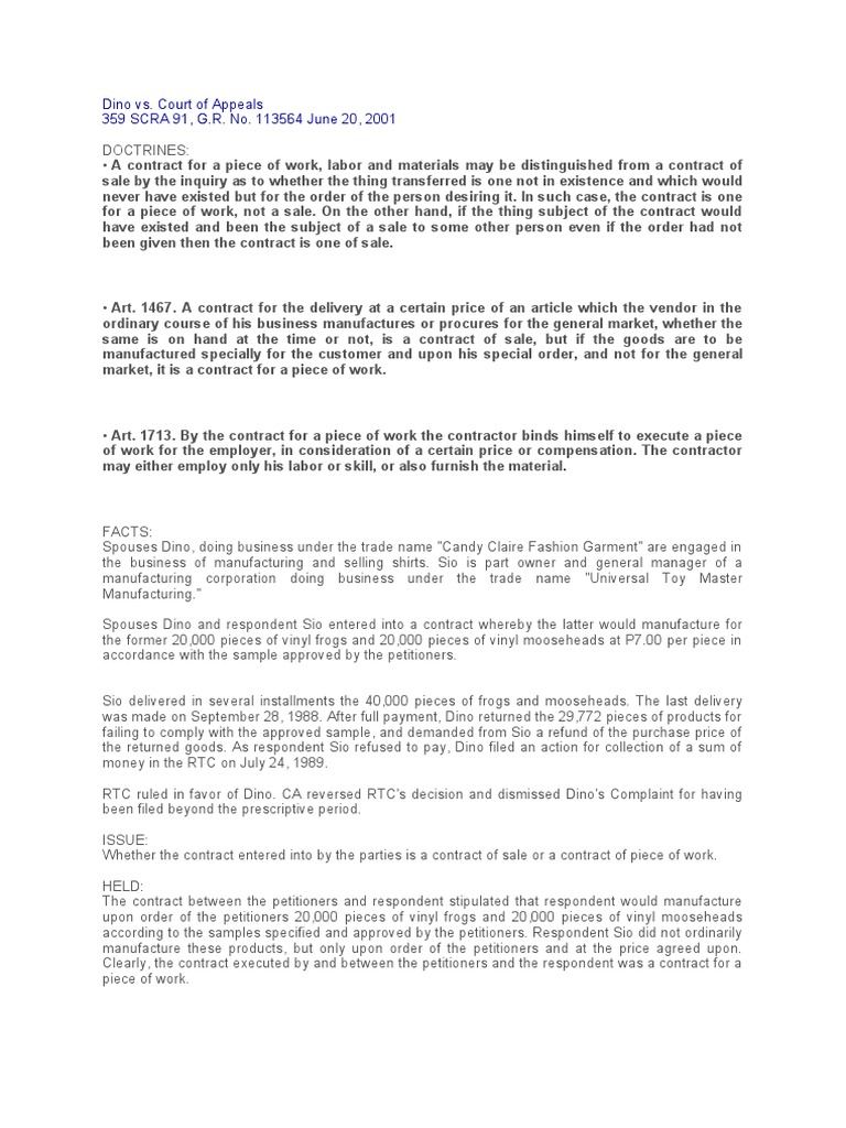 Distinguishing Contracts for Piece of Work from Contracts of Sale in a