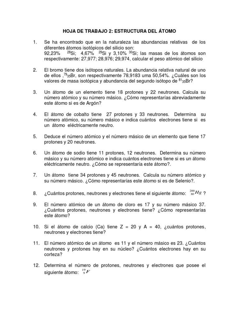 Ae Hoja de Trabajo 2 Estructura Del Átomo | PDF | Isótopo | Átomos
