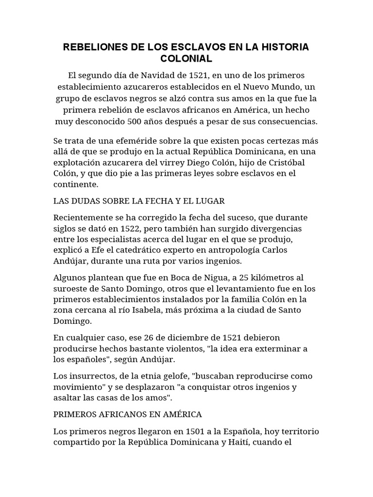 Rebeliones de Los Esclavos en La Historia Colonial PDF Esclavitud