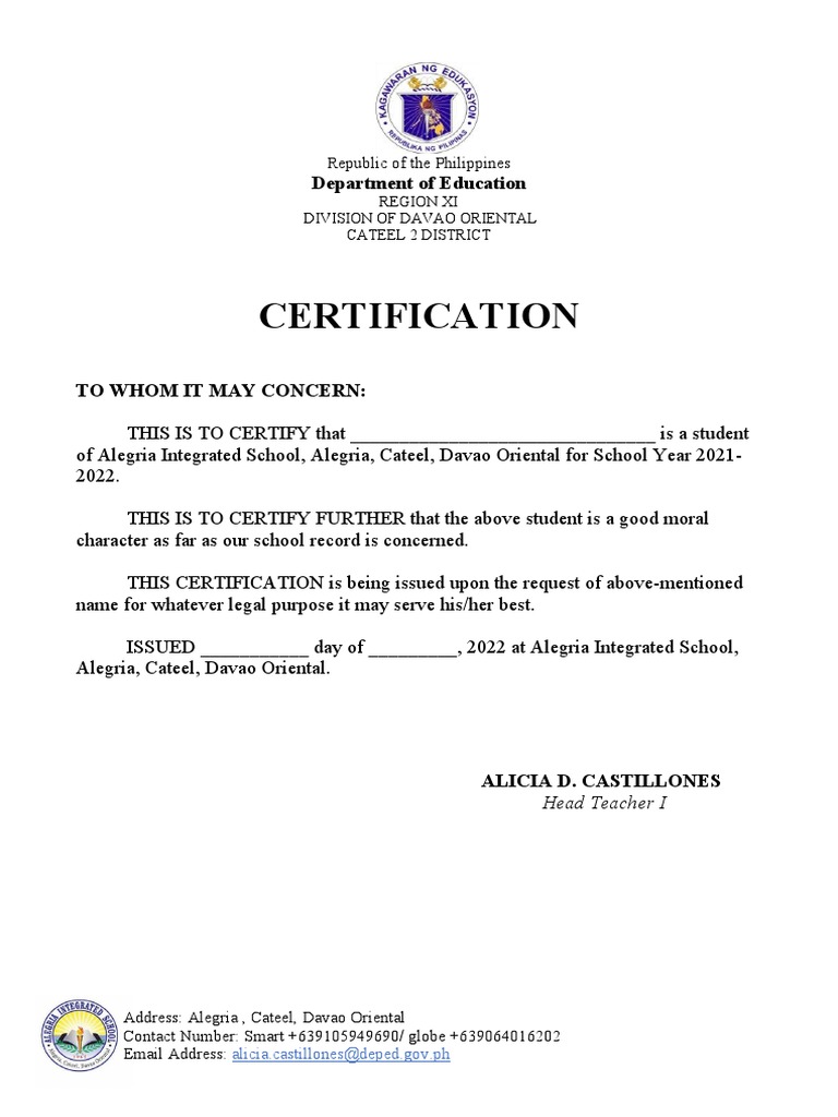 Student Certification - Alegria School | PDF