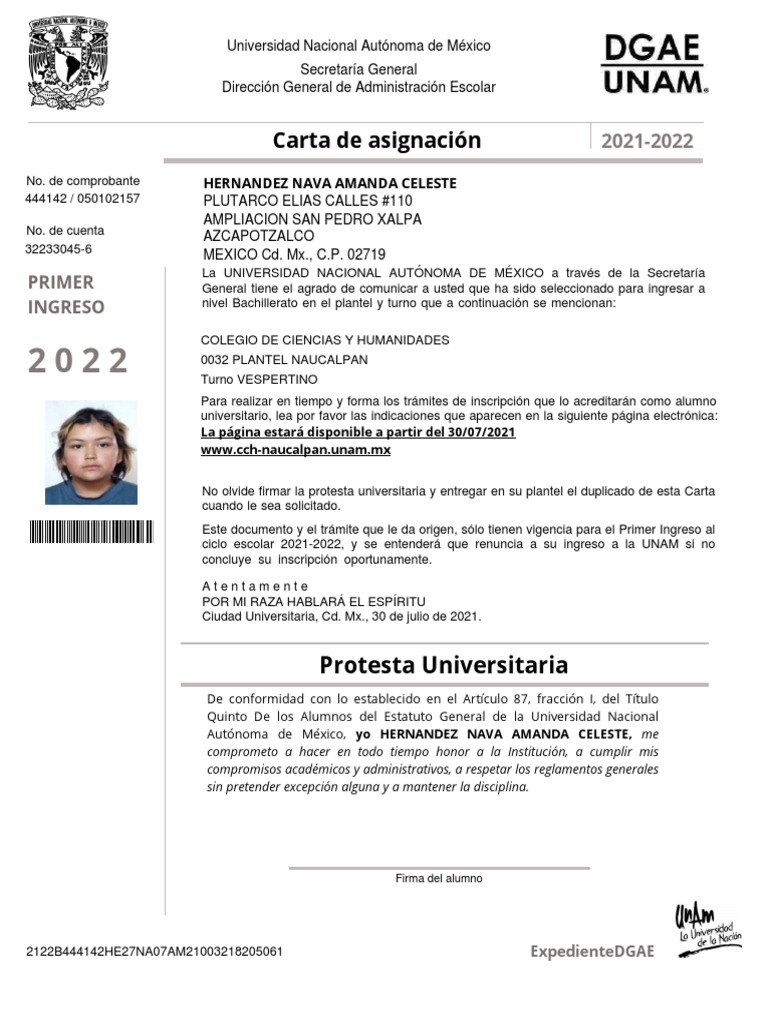 Carta de Asignación UNAM 2021-2022 | PDF | México | Universidad