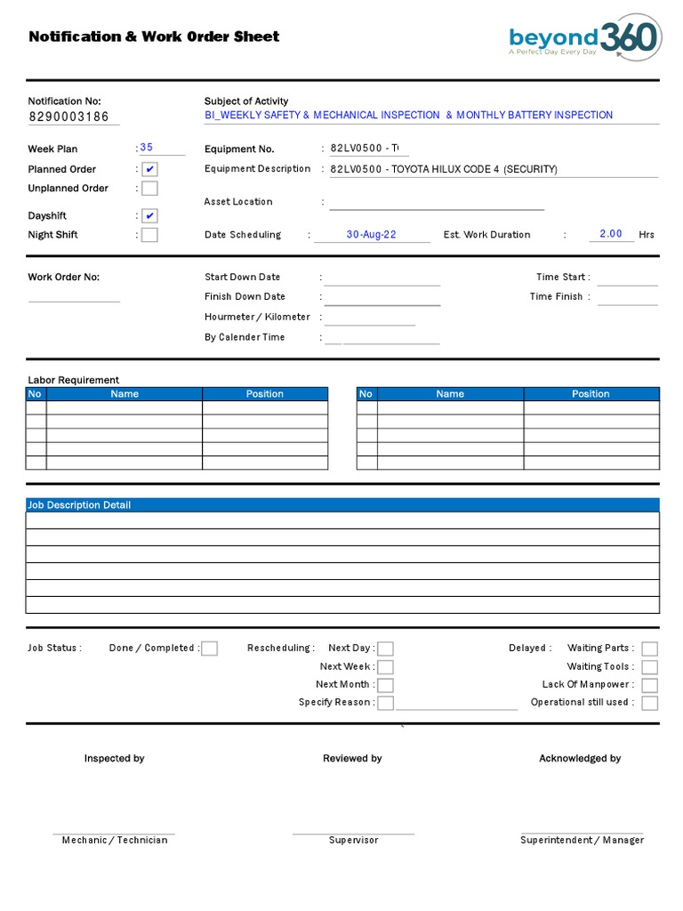 Work Order & Inspection Notification Sheet | PDF | Components | Vehicle ...