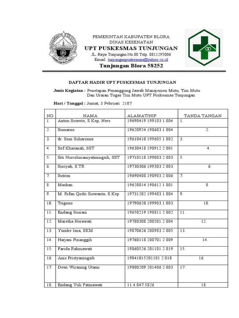 Daftar Hadir Tim Mutu Puskesmas Tunjungan | PDF