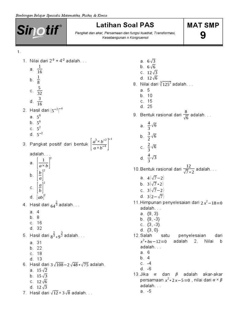 Latihan soal pas mat smp a b a b pdf