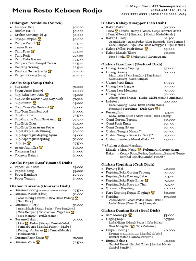 Menu Resto Keboen Rodjo Kediri | PDF