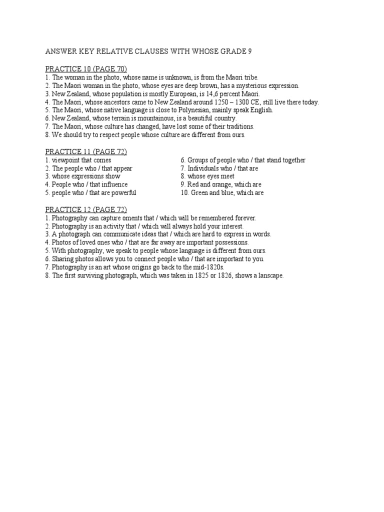 Answer Key Relative Clauses With Whose Grade 9 | PDF