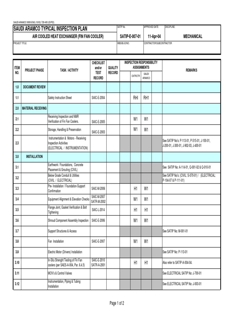 Inspection Checklist for the Installation and Commissioning of an Air