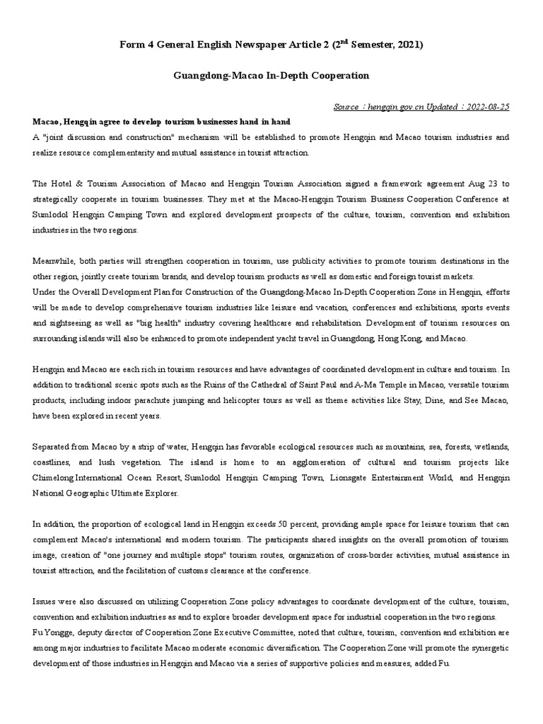 Form 4 General English Newspaper Article 1 PDF Tourism Macau