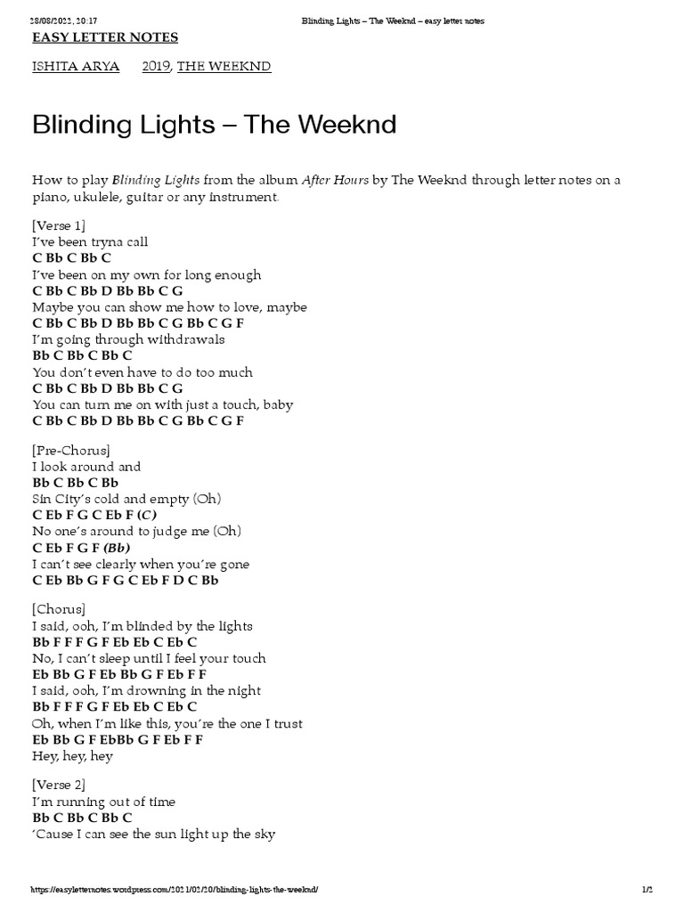 Blinding Lights The Weeknd Easy Letter Notes PDF Song Structure