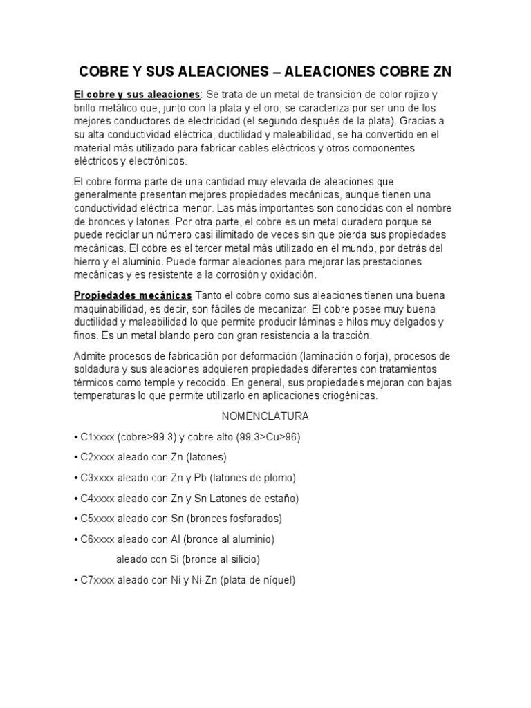 Propiedades y aleaciones del cobre Zn | PDF | Cobre | Aleación