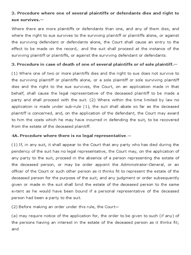 Procedure Where One of Several Plaintiffs or Defendants Dies and Right ...