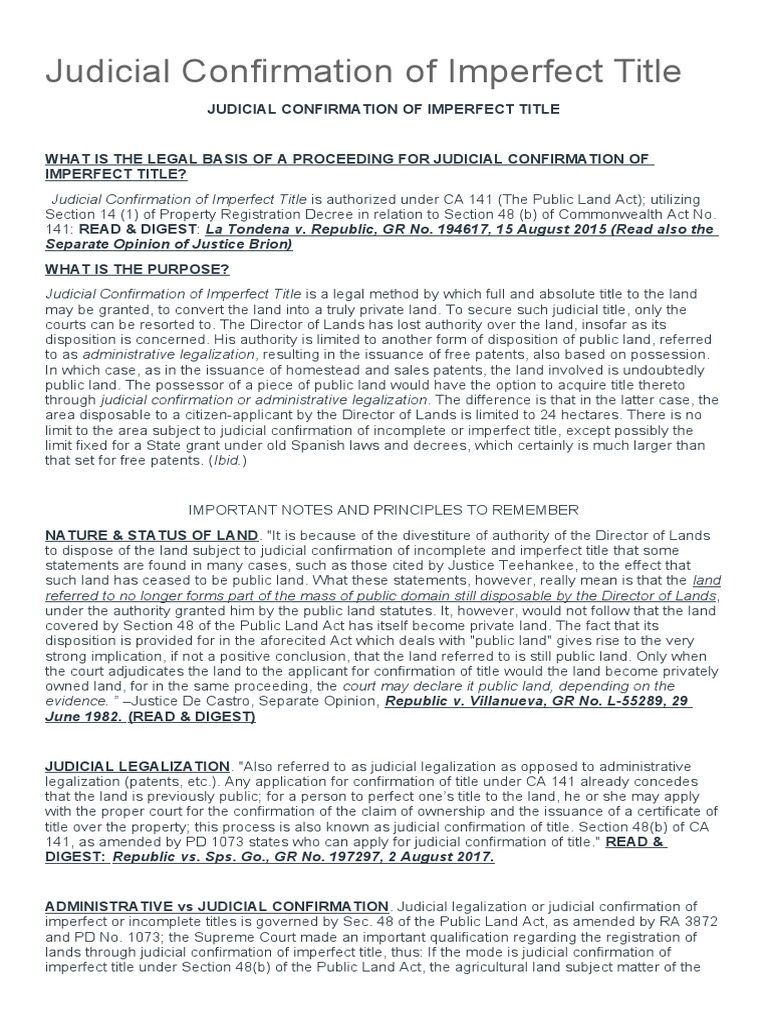 Judicial Confirmation of Imperfect Title PDF Patent Property