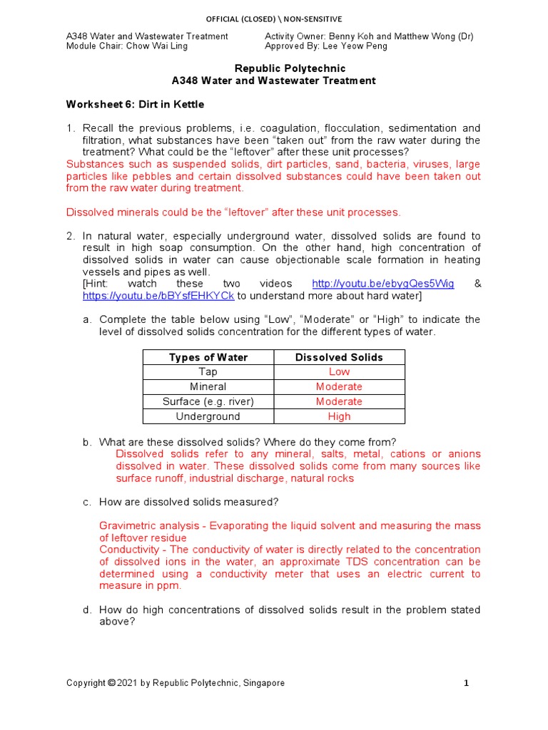 Republic Polytechnic A348 Water and Wastewater Treatment Worksheet 6