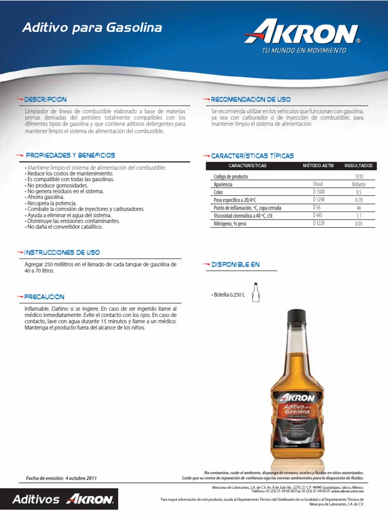 Akron Aditivo para Gasolina | PDF | Gasolina | Inyección de combustible