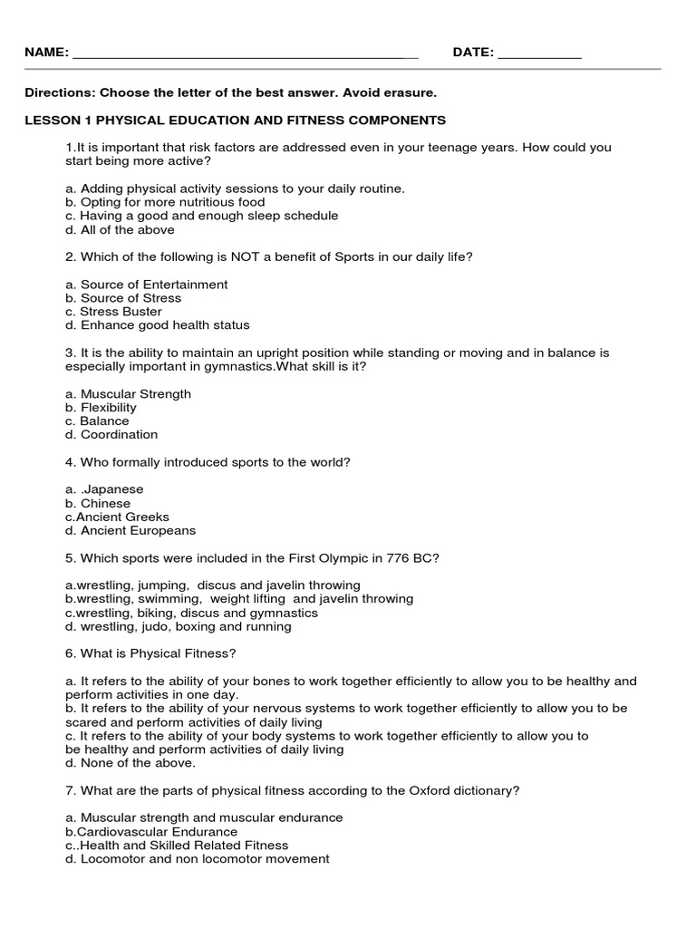 Games&Team Sports Prelim Long Quiz PDF Physical Fitness Skeletal