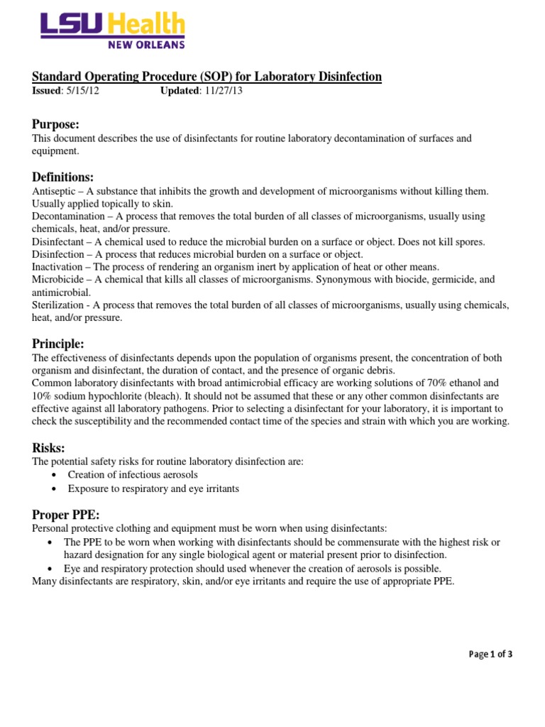 (SOP) For Laboratory Disinfection PDF Disinfectant Antimicrobial