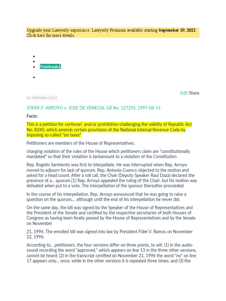 Arroyo VS de Venecia GR No. 127255 PDF United States House Of