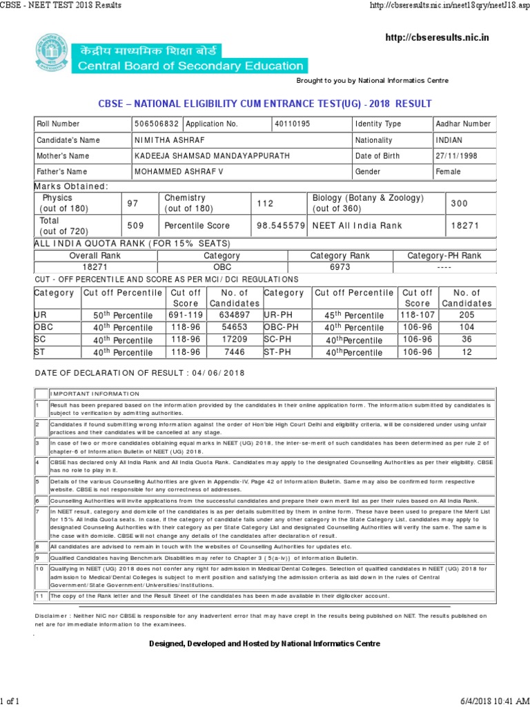 NEET UG 2018 Result and Score Card | PDF | Qualifications