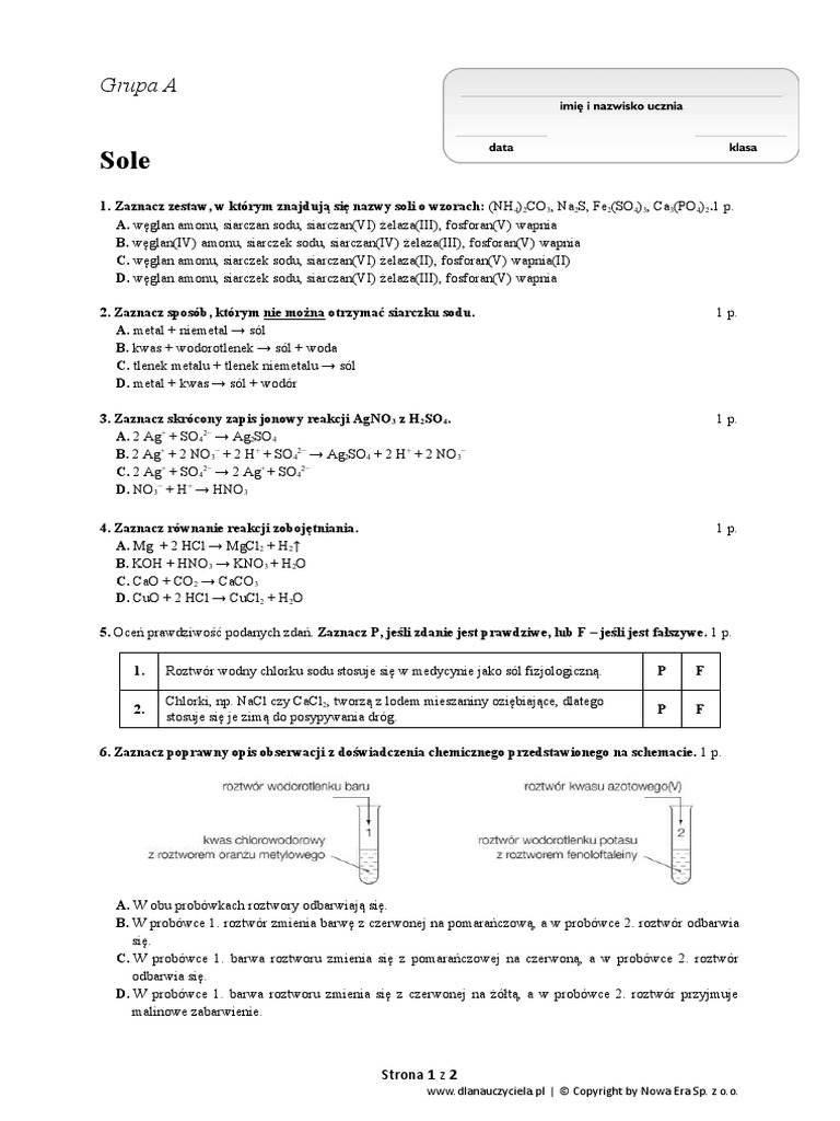 Chemia Kl 8 Sprawdzian Sole Sprawdzian 2 Sole Grupa A | PDF