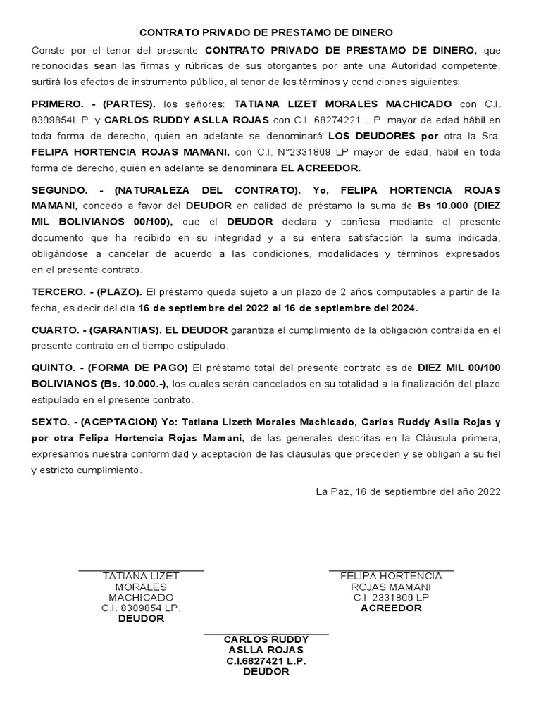 Contrato Privado de Prestamo de Dinero | PDF | Pagos | Derecho privado