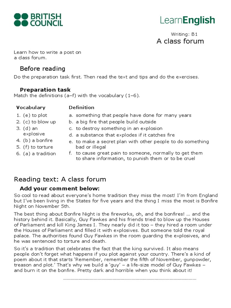 Writing B1 A Class Forum 1 3 | PDF | Guy Fawkes