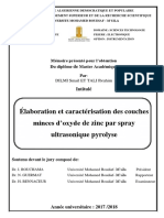 Élaboration Et Caractérisation Des Couches Minces D'oxyde de Zinc Par Spray Ultrasonique Pyrolyse