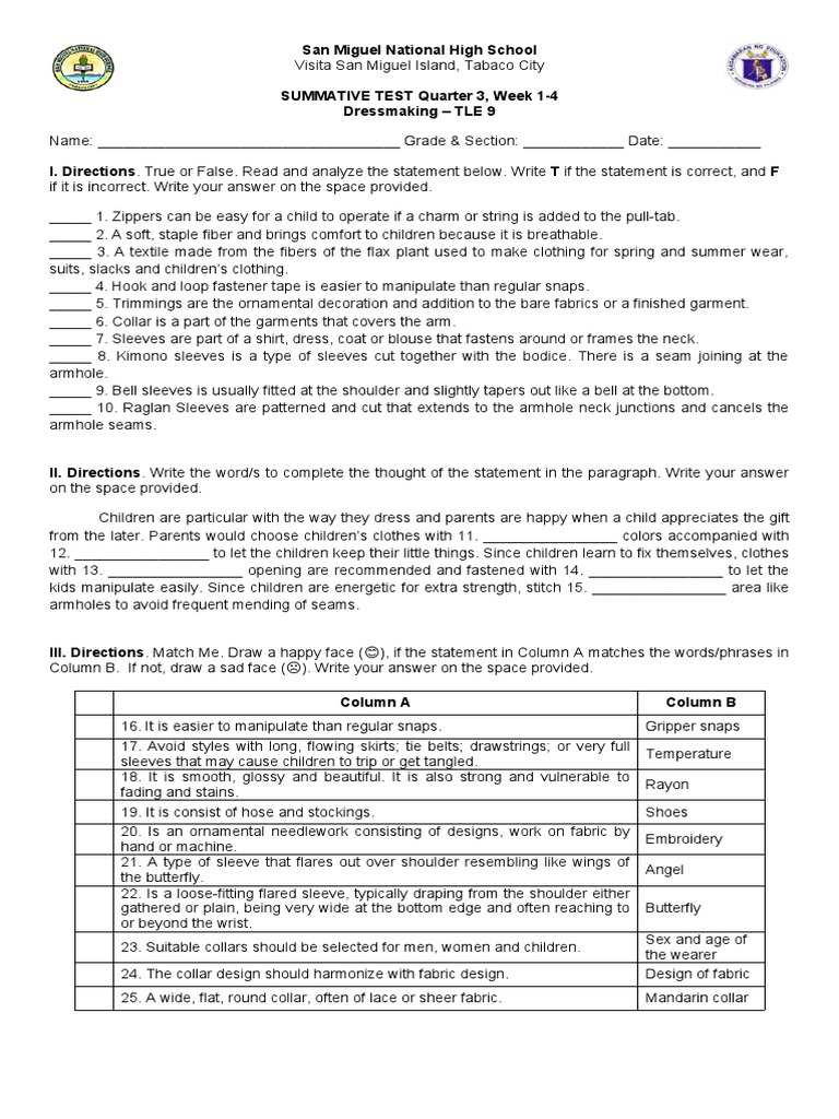 Dressmaking Test for TLE 9 Students | PDF | Clothing | Seam (Sewing)