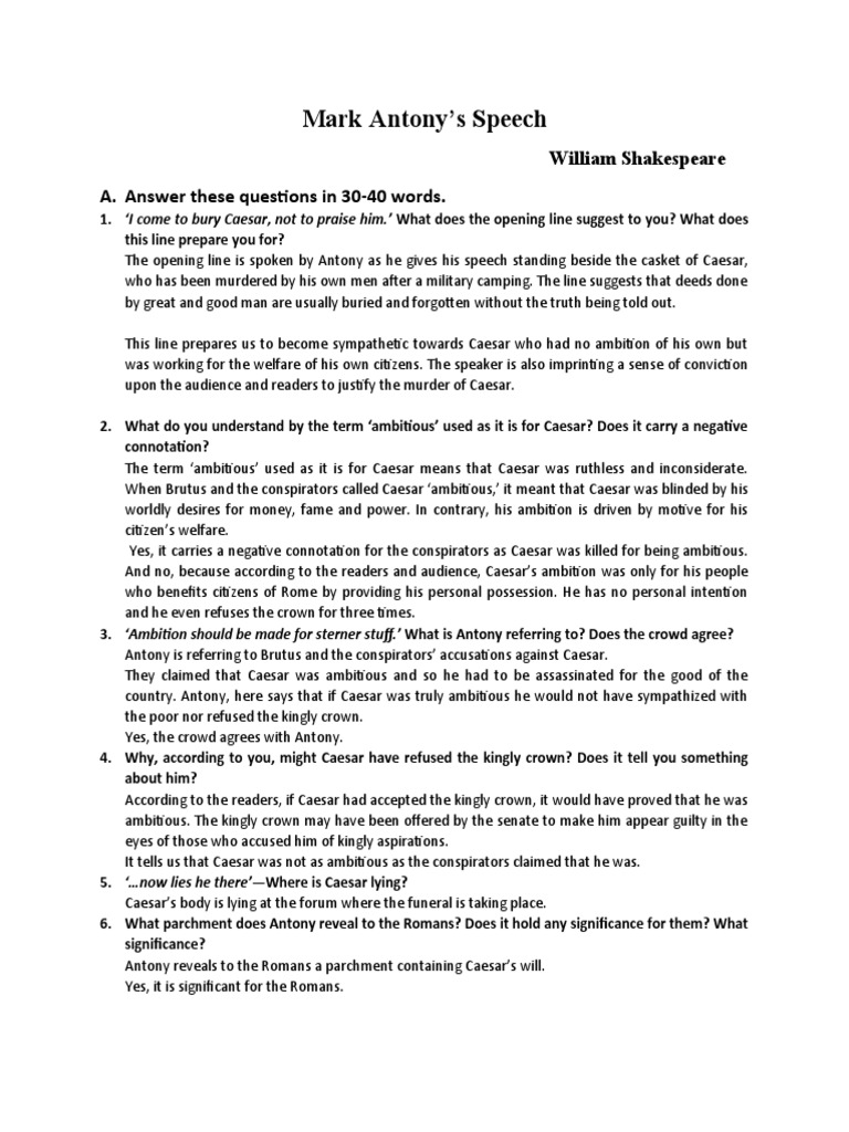 Mark Antony's Speech | Download Free PDF | Julius Caesar | Mark Antony